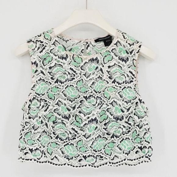 French Connection Tops - French Connection White Blue Green Cropped Lace Sleeveless Top Blouse 6 Small